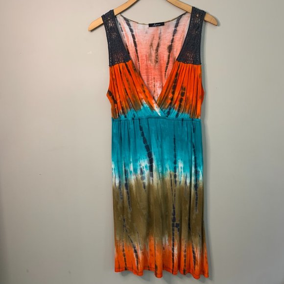 Soprano Fall Orange - Teal - Brown Tie-Die Dress Crotchet Detail Sleeveless - Picture 1 of 6